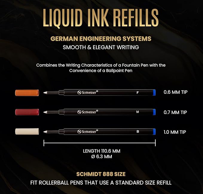 Scriveiner Rollerball Refill Blue Broad - 4 Rollerball Refills Designed for Scriveiner Pens - Safety Ceramic Non Dry Roller Pen Refill B - Schmidt 888 Size – Made in Germany