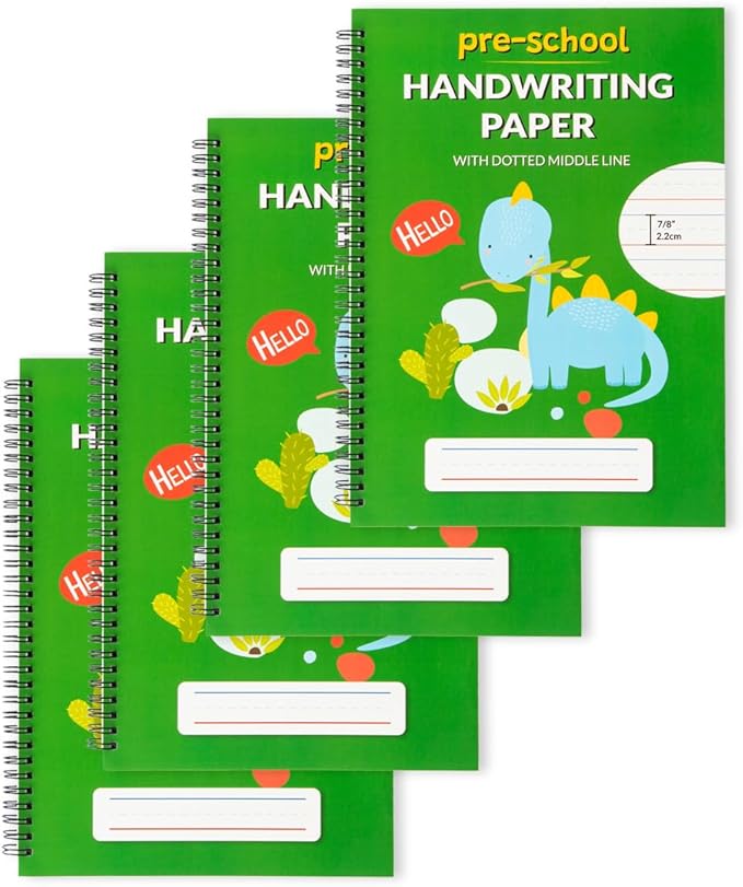 A4 Lined Handwriting Practice Notebook for Kids – Dotted Midline, Spiral Bind, Pre-K, Kindergarten, 100 Thick Pages (4, Green Dino)