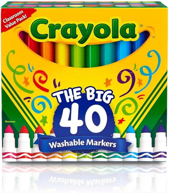 Crayola Ultra Clean Washable Markers (40ct), Teacher School Supplies for Kids, Broad Line Colored Markers, Coloring Book & Art Marker Set, Ages 3+