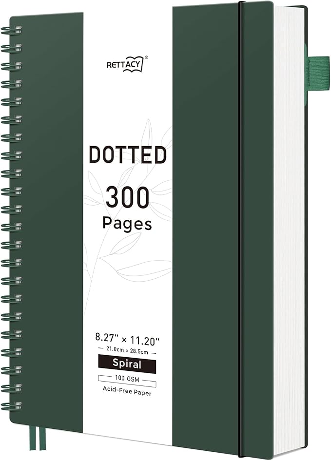 RETTACY Dotted Journal Notebook, 300 Pages, A4 Large Size (8.2'' × 11.2''), 100 GSM Thick Paper, Flexible Plastic Cover, Spiral-bound, for Journaling, Planning, Tracking (Deep Green)