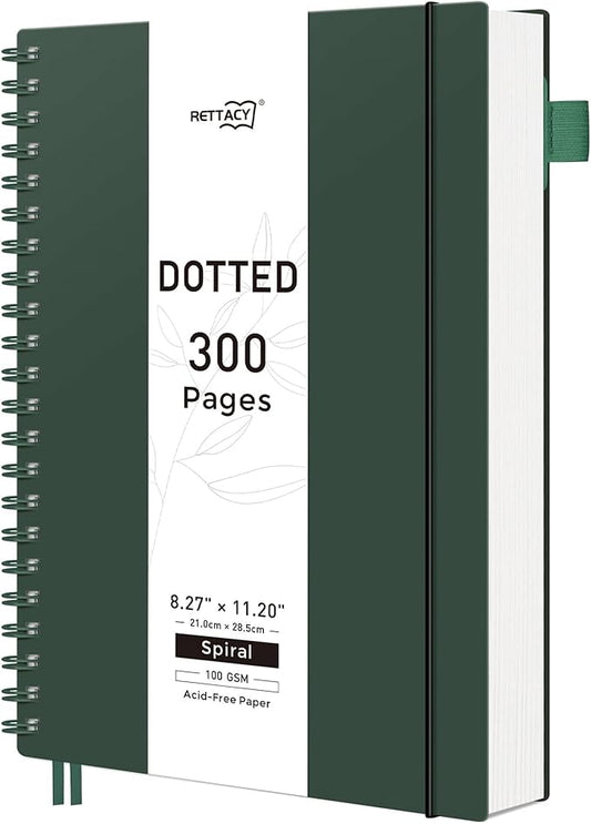 RETTACY Dotted Journal Notebook, 300 Pages, A4 Large Size (8.2'' × 11.2''), 100 GSM Thick Paper, Flexible Plastic Cover, Spiral-bound, for Journaling, Planning, Tracking (Deep Green)