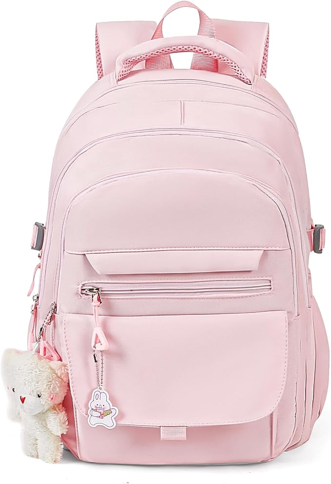 PRLINJSK Girls Backpack for College High Middle School Student, Cute Aesthetic Bookbag for Teens Women with Accessories,Pink
