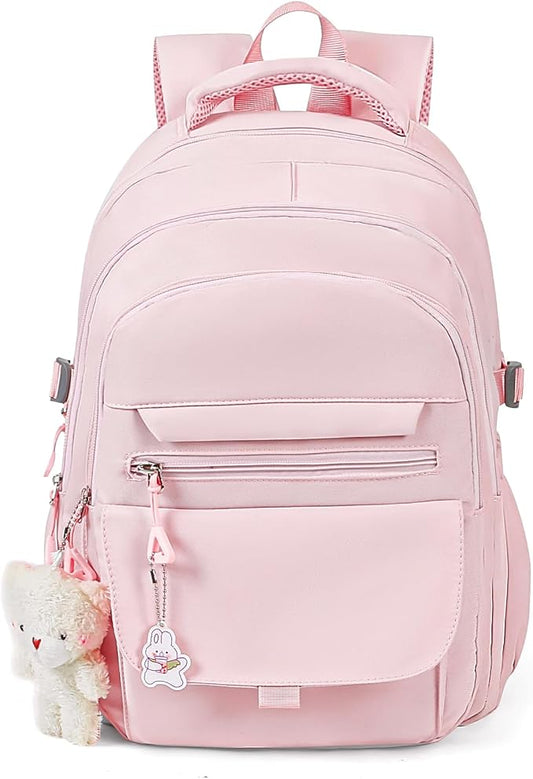 PRLINJSK Girls Backpack for College High Middle School Student, Cute Aesthetic Bookbag for Teens Women with Accessories,Pink