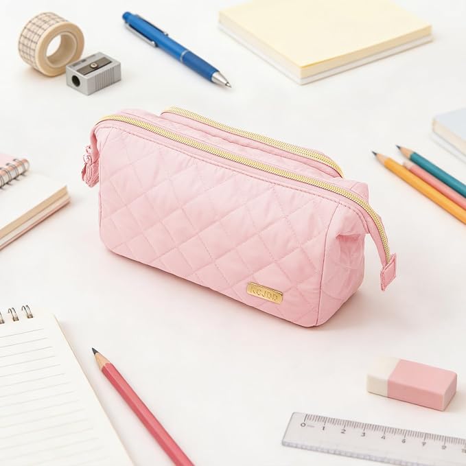 Cute Pencil Case for Girls kids Soft Quilted Pencil Pouch Bag Organizer | Wide Opening Big Marker Crayon Storage Bag Large Double Zipper Art Aesthetic Pen Bag Case Pouch For Kids School College Boys
