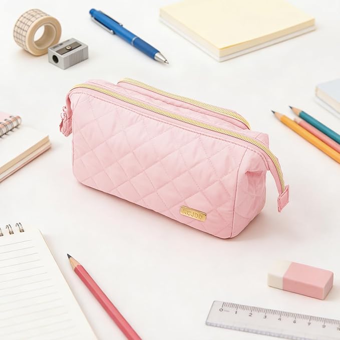 Cute Pencil Case for Girls kids Soft Quilted Pencil Pouch Bag Organizer | Wide Opening Big Marker Crayon Storage Bag Large Double Zipper Art Aesthetic Pen Bag Case Pouch For Kids School College Boys