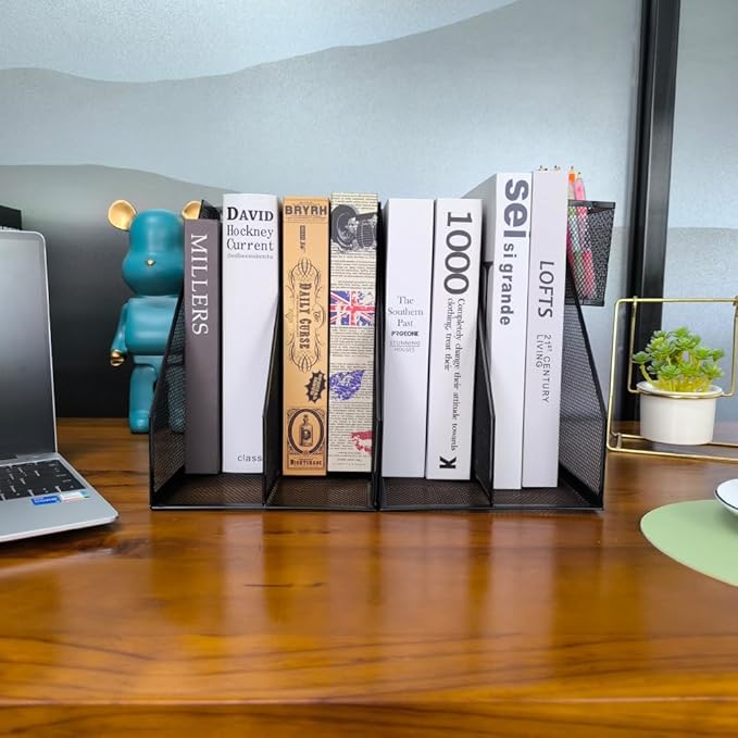 2 Set Desk Organizers, Metal Desk Magazine File Holder and 1 Pen Holder, 2 Compartments Mesh File Holder, Mesh Desktop Organizer and Storage,Black
