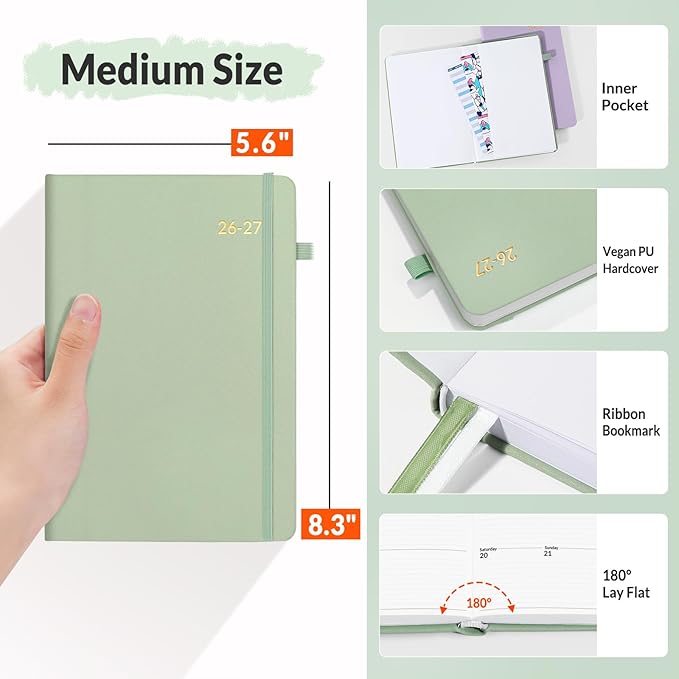 SUNEE 2026-2027 Weekly & Monthly Hardcover Planner 5.5" x 8.3" - 12 Month (July 2026 - June 2027), Small Academic Year Calendar Planner, Pocket, Notes, 100 GSM Paper, Sage Green