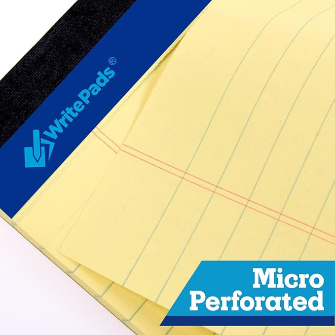 WritePads Legal Pad, 8.5 x 11, Wide Ruled, Canary Paper, 48-Pack, 50 Sheets Per Pad, Micro-Perforated Notepad, Made in USA