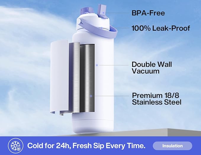POWCAN 40 oz Insulated Water Bottle with 2-in-1 Straw and Spout Lid, Glow-in-the-Dark, 24H Cold, Leakproof, BPA-Free, Double Wall Stainless Steel for Sports, Gym, Travel, and School (Seashell Coast)