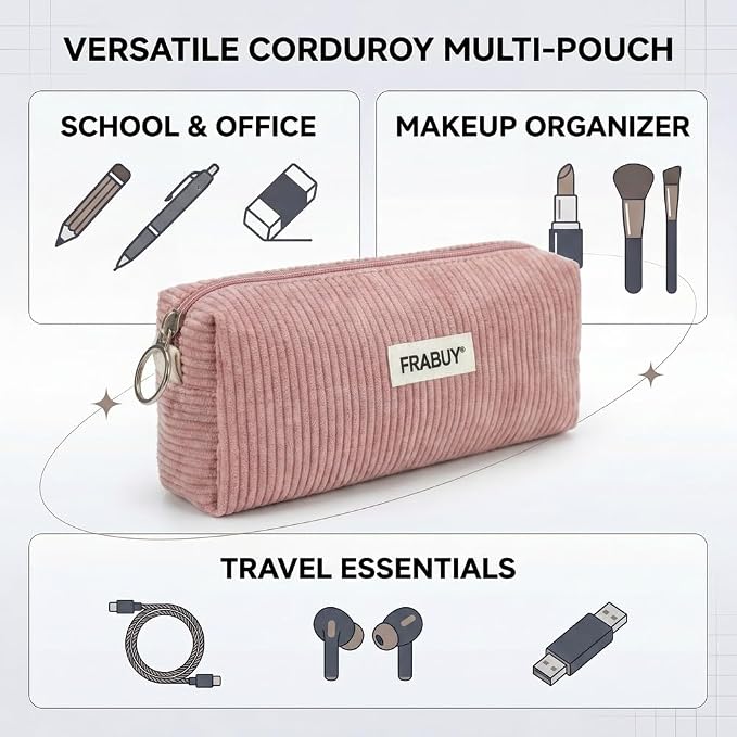 Soft Corduroy Pencil Case Pen Pouch Organizer, Small Stationery Bag | Cute pink pencil pouch, smooth zipper, daily cosmetics holder, compact organizer for school teen girls, women