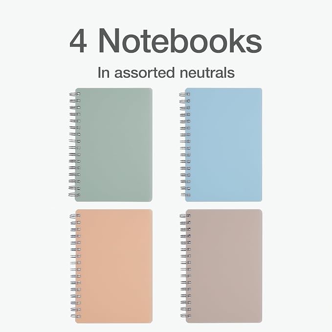 Oxford Poly Spiral Notebooks, Small 5.7 x 8.5" Book, Thick Poly Cover, White Paper, College Rule, 80 Sheets/160 Pages, Neutral Colors, 4 Pack (69721)