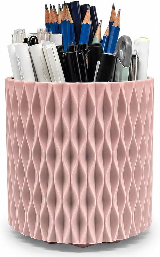 Lebenrich Rotating Pencil Holder for Desk, 5 Slots Unique Pink Organizer Easthetic Desktop Supplies and Accessories for Women Girls, Pen Cup Caddy for Office Home Art Supply