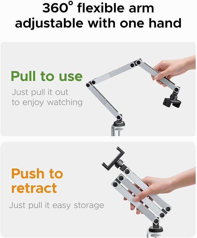 ORICO Tablet Mount, 360° Adjustable Tablet Stand Holder for iPad, Foldable Aluminum Arms, Ergonomic Viewing for Standing Desk & Nightstand, Fits 4.7"-12.9" Tablets & Phones- RA1, Gray
