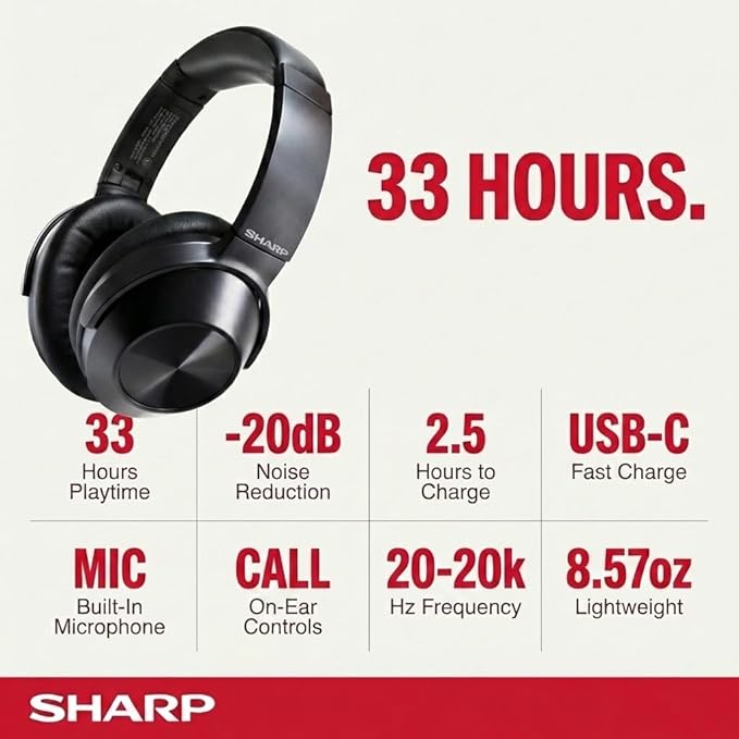 Sharp Noise Cancelling Bluetooth Headphones | Wireless Over Ear Headphones | Bluetooth Headset with Microphone | 20 Hours of Talk & Music Time | 33 FT Operating Range | HP-60(K), Black