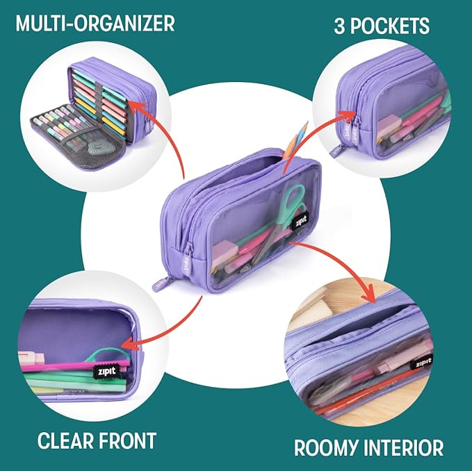 ZIPIT Half & Half Pencil Case for Girls, 3-Compartment Zipper Pouch, Purple | Clear-front pencil case for school, dedicated organizer panels, holds up to 70 pens & pencils, durable easy-care polyester