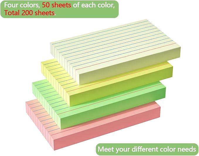 200 PCS Colored Index Cards 3x5, Ruled Index Cards, Flash Cards for Studying, Heavy Note Cards for Office, Home and School，Light Red/Green/Yellow/Beige 4 Colors, 50 PCS of Each Color