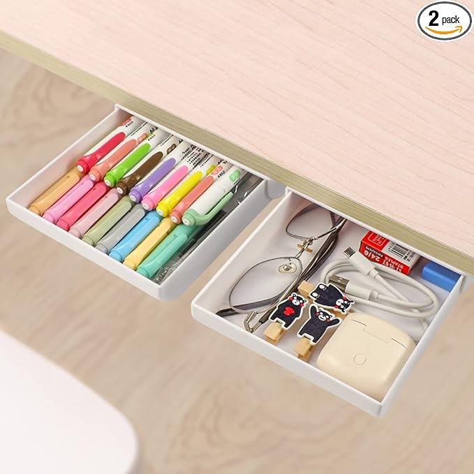 YOOUSOO 2 Pack Adhesive Under Desk Drawer, Attachable Under Desk Drawer Slide Out, Hidden Storage for Table, Desktop Storage Organizer for Pencil Pen Stationery Office Organization