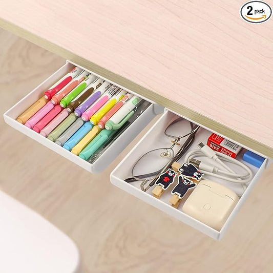 YOOUSOO 2 Pack Adhesive Under Desk Drawer, Attachable Under Desk Drawer Slide Out, Hidden Storage for Table, Desktop Storage Organizer for Pencil Pen Stationery Office Organization