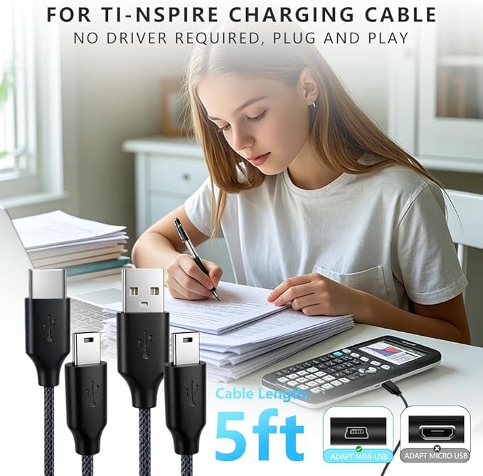 2 Pack USB & USB C Braided Charger for TI 84 Plus CE, Data Cable for Texas Instruments Calculators TI-84 Plus CE/C Silver, TI 89 Titanium, TI Nspire CX/TI Nspire CX CAS -5ft