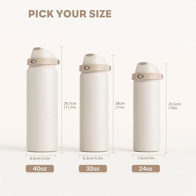 POWCAN 24 oz Insulated Water Bottle: 2-in-1 Push-Button Spout & Quick-Flip Straw, Leakproof, Cold 24Hrs, Fits Car Cup Holder, Stainless Steel Water Bottle for Sports, Travel, School, Gift (Oat Mousse)