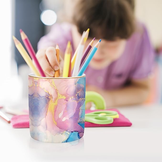 Cute Desk Pens Holder, Pencil Cup Holder for Desk, Ceramic Desktop Storage Pen Pencil Organizers Stationery Supplies for Office, Home, Gold Pattern