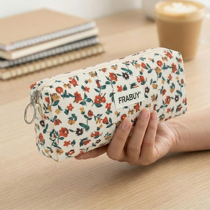 Soft Corduroy Pencil Case Pen Pouch Organizer, Small Stationery Bag | Off-white small floralpencil pouch, smooth zipper, daily cosmetics holder, compact organizer for school teen girls, women