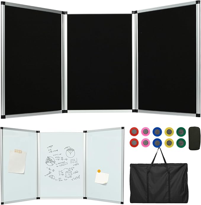 uyoyous 3 Panel Trade Show Presentation Board 70.8 x 35.4 inches Trifold Poster Board Double Sided Presentation Whiteboard Folding Display Panel for Science Fair, Trade Show Table Top