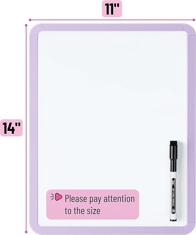 Mr. Pen- Dry Erase Board, 14” x 11” with a Black Dry Erase Marker, Purple Frame, Small Mini White Board for Students, Fridge, Wall, Locker, Includes Double Sided Tapes