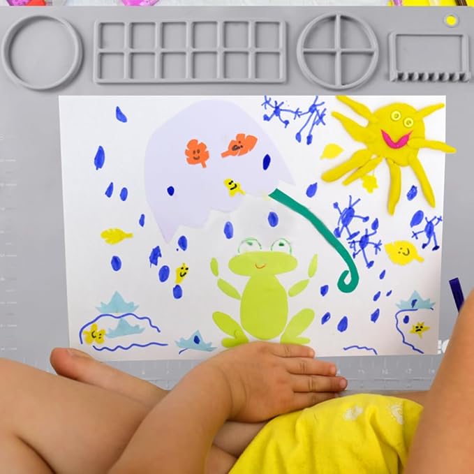 DIYDEC Silicone Craft Mat for Kids 20X16 Inch Large Silicone Art mat with Detachable Cup Painting Mat with 10 Painting Brushes Silicone Mat for Boy Girl DIY Gift Accessories (Grey)