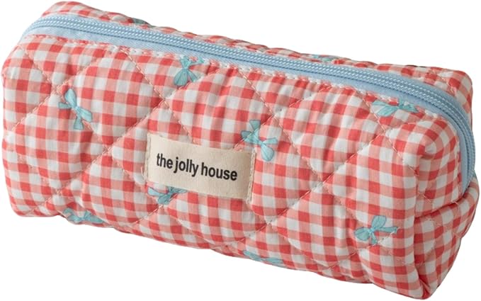 Carry bloom Pencil Pouch Cute Pencil Case for Girls Aesthetic Pencil Bag with Zipper Pen Cases School Supplies Makeup Bag (Checkered bow red)