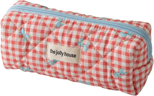 Carry bloom Pencil Pouch Cute Pencil Case for Girls Aesthetic Pencil Bag with Zipper Pen Cases School Supplies Makeup Bag (Checkered bow red)