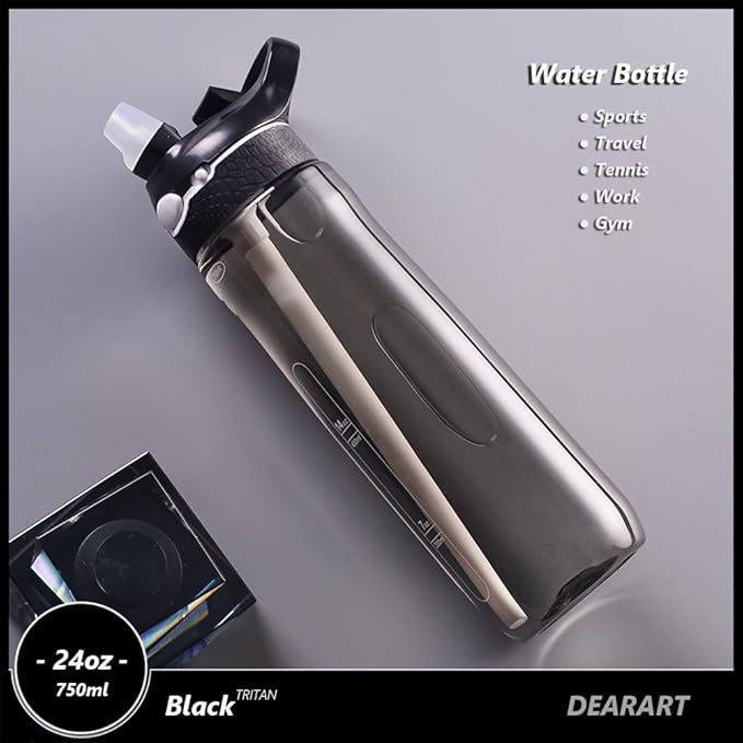 DEARART 2 Packs Black & Pink Water Bottles With Straw, 100% Leak Proof Has Handle Easy Carried Lockable Lid, For Travel Office Gym Home, 24oz (750ml)