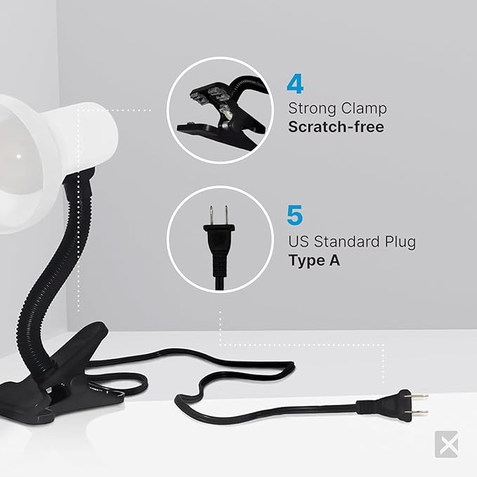 Xtricity LED Clip on Desk Lamp with 360° Flexible Gooseneck, Reading Light for Bed Headboard– A19 Bulb Included, 120V, On/Off Switch, 10.25” Height Table Lamp with White Finish (2 Pack)