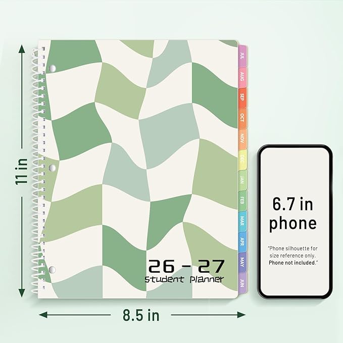 Student Planner 2026-2027, SUNEE Middle or High School Student Planner for Academic Year Jul. 2026 - Jun. 2027, 8.5"×11" Lesson Plan Book with 3-Hole Punched, Bookmark, Planning Stickers, Green Waves