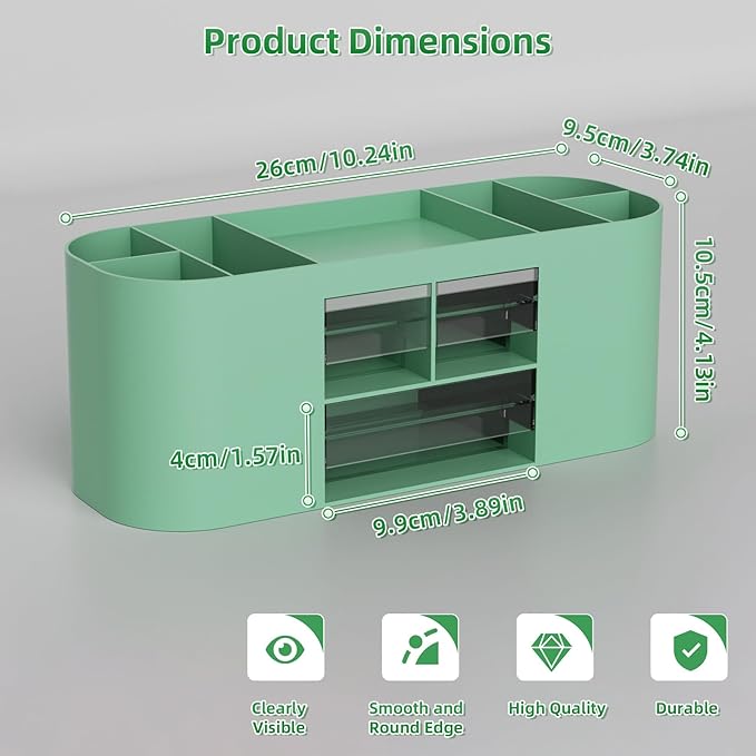 Marbrasse Desk Organizer Pen Holder for Desk with 3 Drawers, Multi-Functional Pencil Holder, Desk Organizers and Accessories with 7 Compartments for Home, School, Classroom(Green)