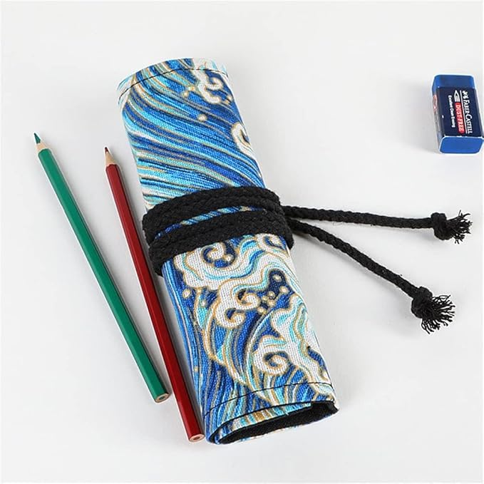 DIYOMR 12/24/36/72 Slots Pencil Wrap Pencil Rolls，Artist Colored Pencils Roll Up Bag Short Brushes Pouch Case Pencils Organizer Drawing Coloring & Sketching，No Pencils (Blue Ocean，12slots) (PCD1098)