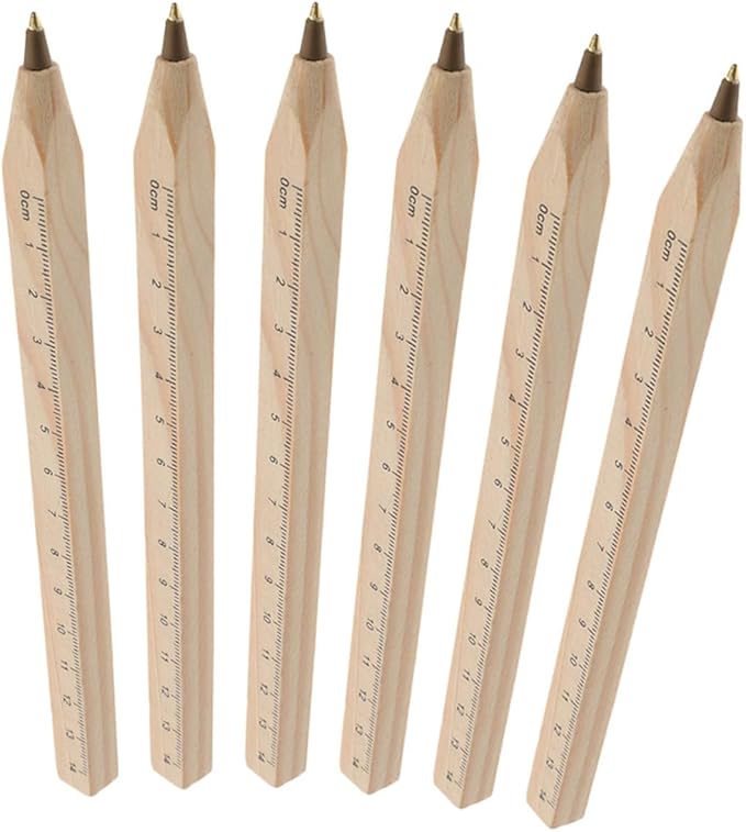 6pcs Black Ballpoint Pens with Wooden Ruler Design, Biodegradable Natural Wood Material, Engravable Signature Pens for Office and Woodwork Marking
