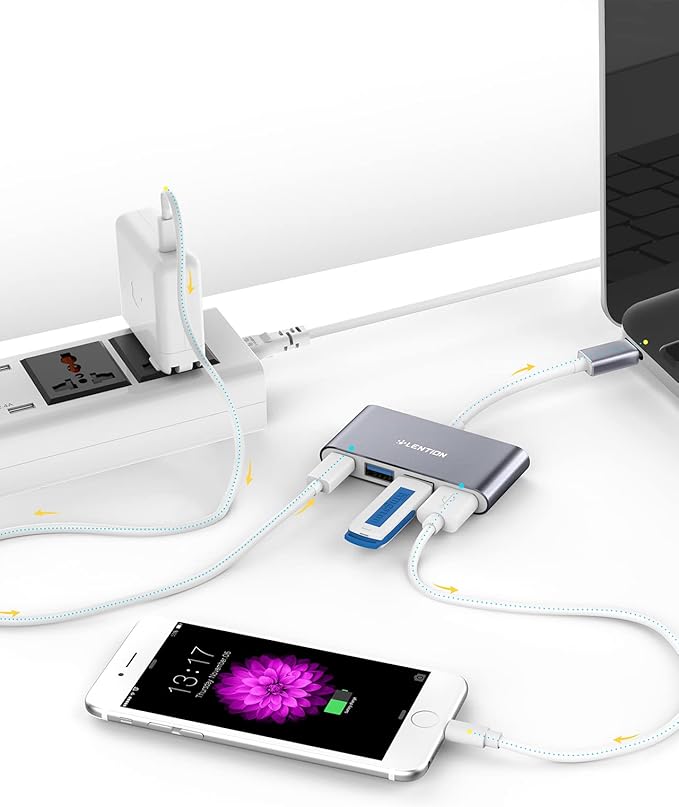 LENTION 4-in-1 USB-C Hub with Type C, USB 3.0, USB 2.0 for 2025-2016 MacBook Pro (M1-M5), iPhone 17-15 New Mac Air/Surface, ChromeBook, More, Multiport Charging & Connecting Adapter (C13, Space Gray)