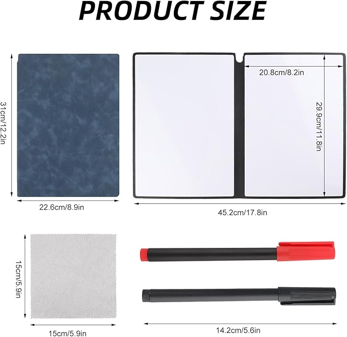 A4 Portable Whiteboard Notebook,12" x 9" Double Sided Dry Erase Board with Two Pens,Folding Reusable Writing Pad for Office Meetings,School,Planning,Travel,PU Cover(Denim Blue)