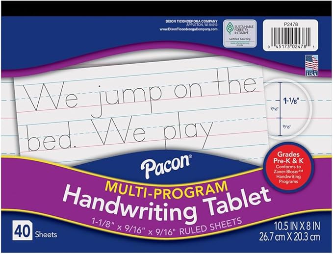 Pacon Long Ruled Handwriting Paper, 8" x 10.5", Zaner-Bloser Grades Pre-K & K, 1-1/8" x 9/16" x 9/16" Ruled, 40 Sheets/Tablet, Case of 24 Tablets, 960 Sheets Total
