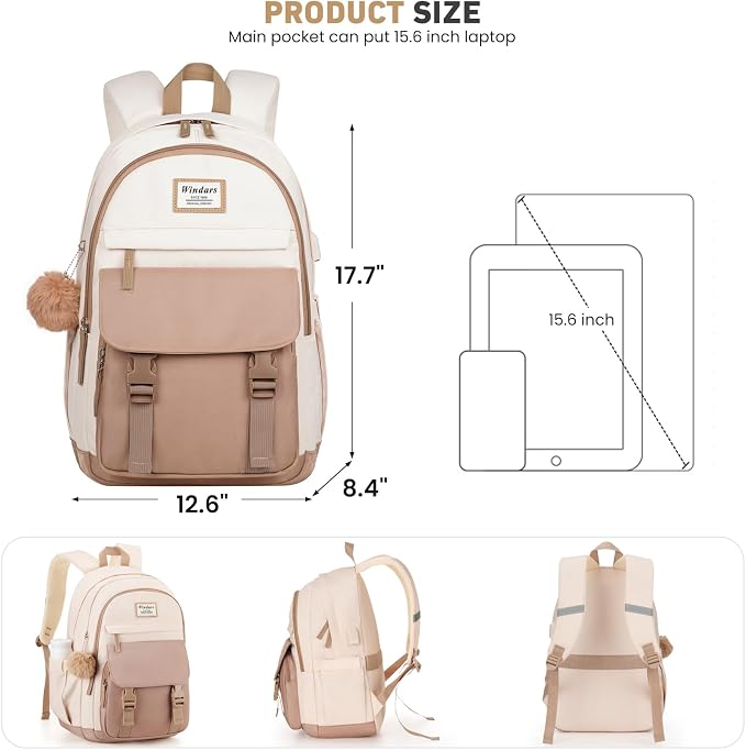 WINDARS School Backpack with Lunch Box for Teen Girls, Cute College Backpacks for Women Students Aesthetic Bookbag Large 15.6 Inch Laptop Bag Middle School Travel Back Pack (Khaki Beige-3 Pcs)