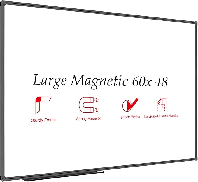 JILoffice Large Magnetic White Board, Dry Erase Board 60 x 48 Inch, Black Aluminum Frame Wall Mounted Board for Office Home and School