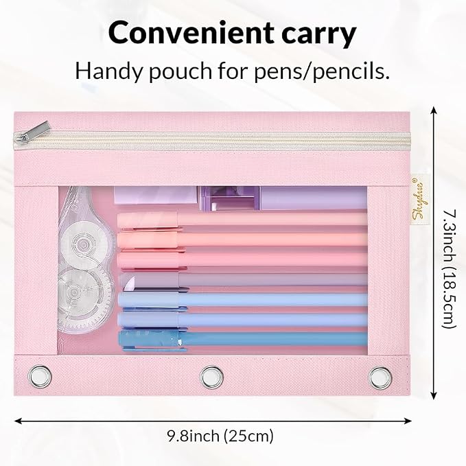 SKYDUE Pencil Pouch for 3 Ring Binder, 9.8" x 7.3" Clear Window Pencil Bag | Zipper Pencil Pouches for Girls Boys, Pink Pencil Pouch with 3 Reinforced Grommets, Durable Organizer for School Supplies