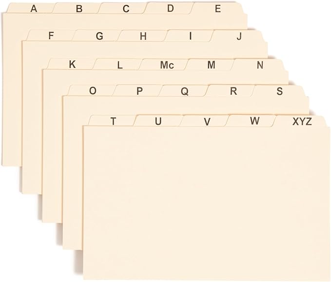 Smead Card Guide, Plain 1/5-Cut Tab (A-Z), 8"W x 5"H, Manila, 25 per Set (57076)