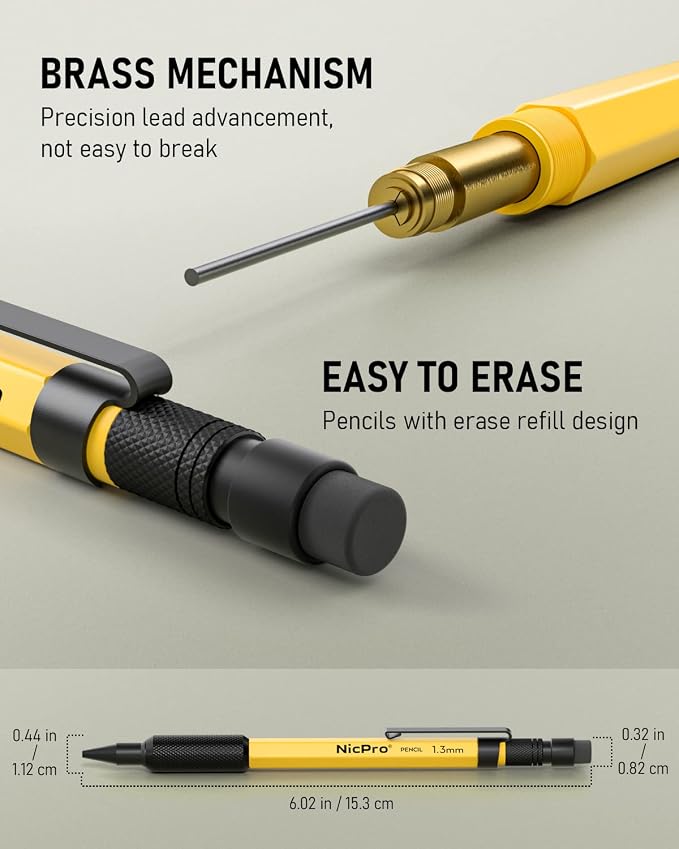 Nicpro 21PCS 1.3 mm Mechanical Pencil Set in Leathercase with 138 Lead | 3 Eraser, Eraser Refills- Weatherproof Metal Barrel, Heavy Duty Carpenter Pencil for Outdoor Marking Drawing Woodworking