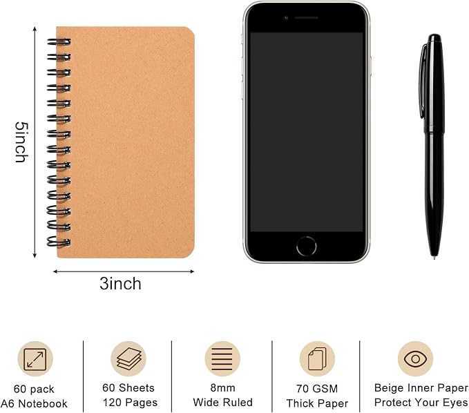 miikoul 60 Pack Spiral Lined Notebooks, 3"×5" 120 Pages for Office Writing