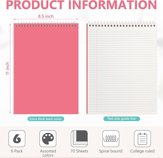Resurhang 6 Pack 8.5 x 11'' Top Bound Office Steno Book Wide Ruled Double Sided Spiral Notebooks Reliable White Paper 70 Sheets/Pad Pastel Colors Covers for Writing Notes (Art Color,Solid)