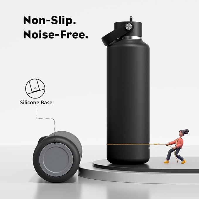 POWCAN 24 oz Slim Insulated Water Bottle with Straw: Leakproof, Keep Cold 24H, Cupholder Friendly, Top Handle, BPA-free, Stainless Steel Water Bottle for Sport, Travel, School, Gym (Midnight Black)