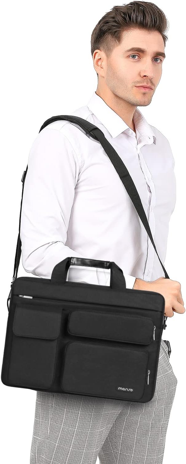 MOSISO Laptop Shoulder Bag 17.3 inch, 17-17.3 inch Computer Bag Compatible with Dell XPS/HP Pavilion/Ideapad/Acer/Alienware/HP Omen with 2 Raised&1 Flapover&1 Horizontal Pocket&Handle&Belt, Black