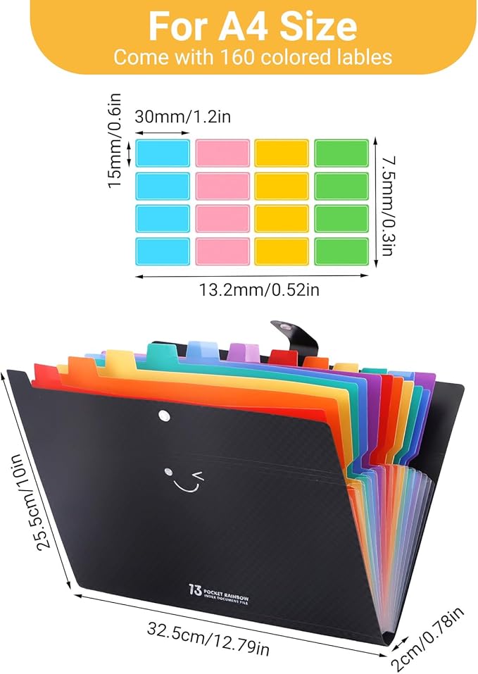 2PCS Expanding File Folder with 13 Pockets, Accordion A4 File Organizer with 160PCS Labels, Plastic Portable Receipt Paper Bill Document Organizer for School Office Supplies (Black)